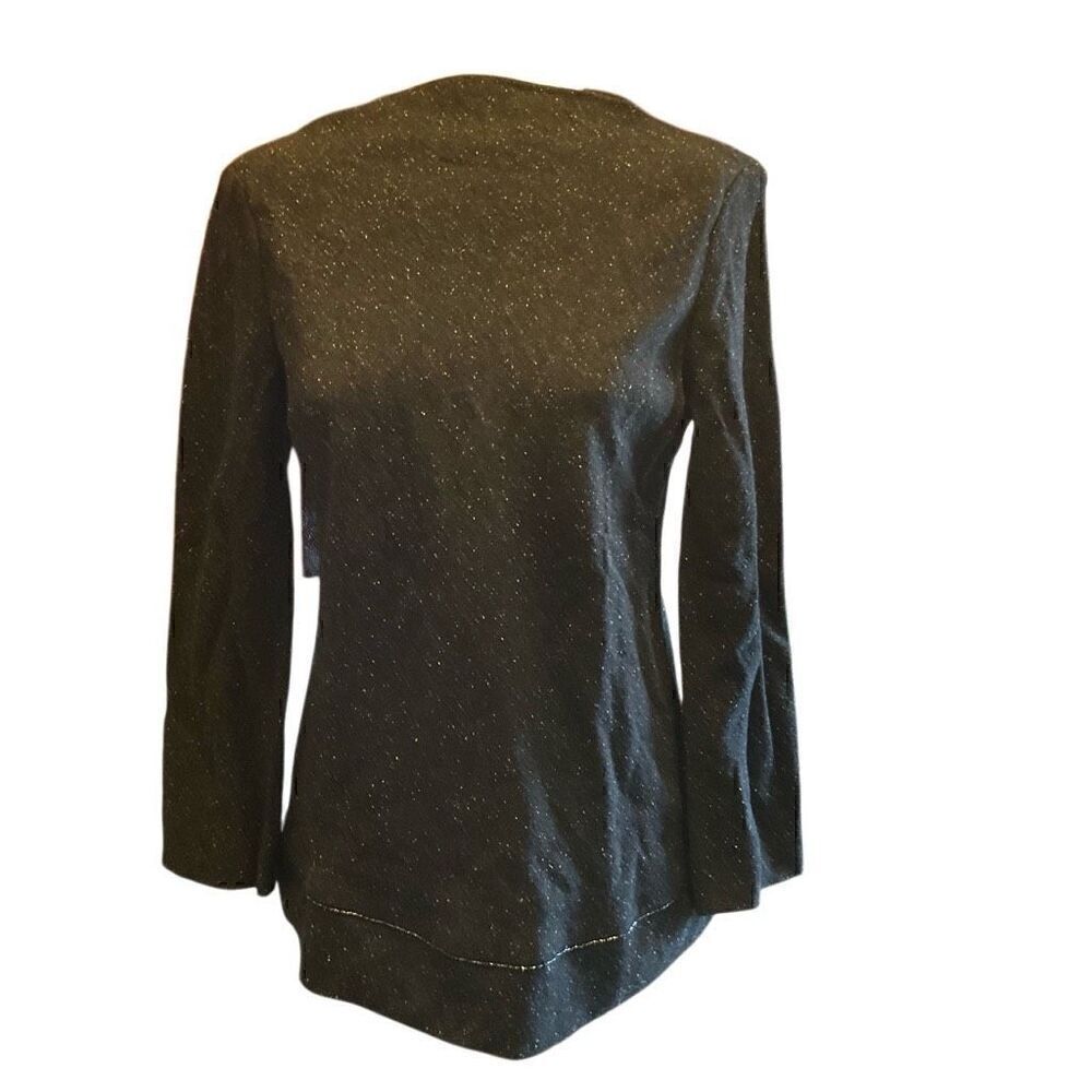 BCBGMaxAzria Womens Wool Blend Boat Neck Glitter Trim Long Sleeve Top Black Smal